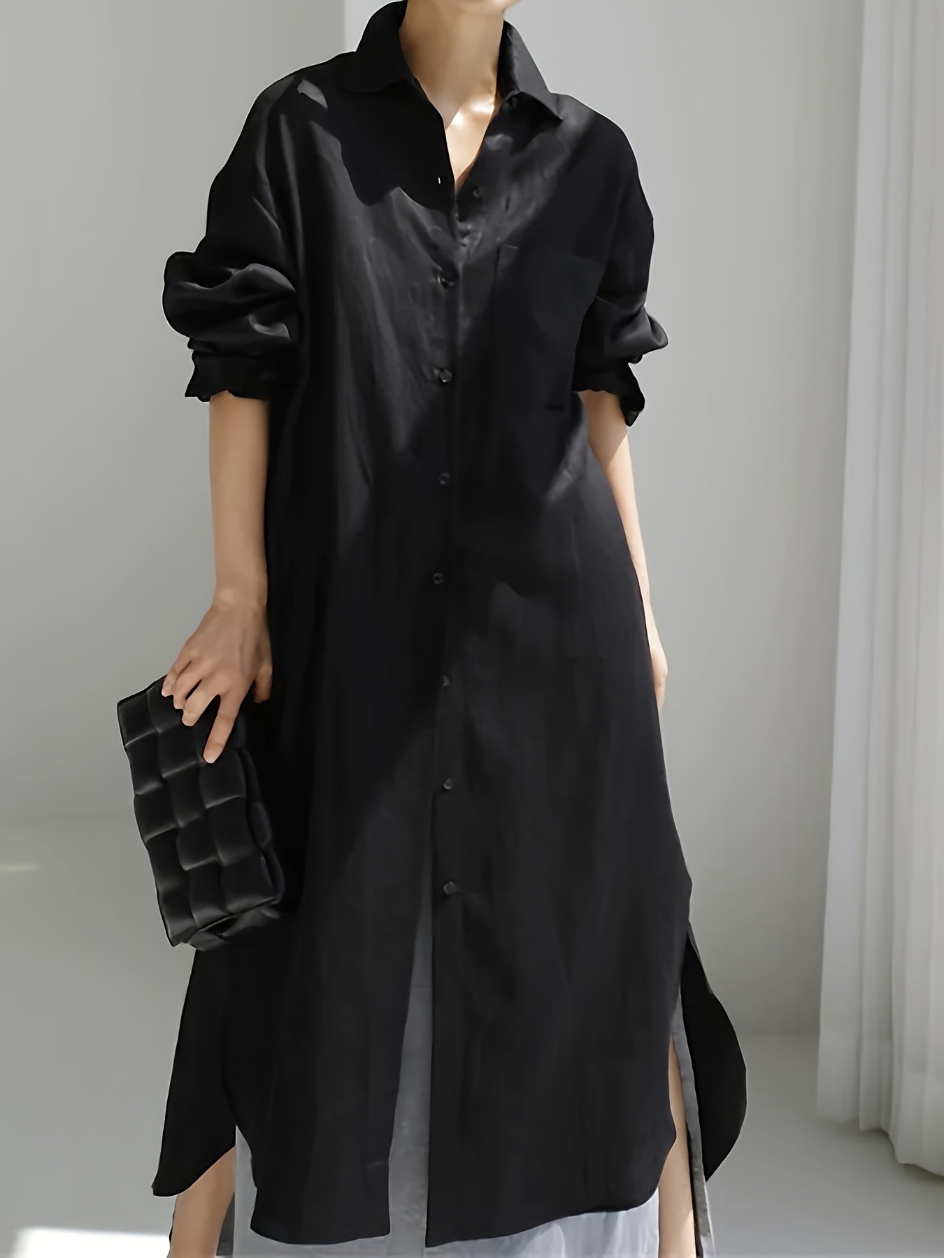 Lapel Collar Linen Shirt Dress Button Front Solid Color
