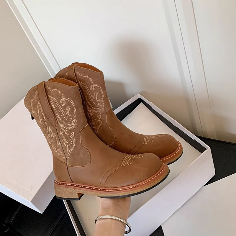 Western Cowboy Boots For Women Slip On Round Toe With Sole