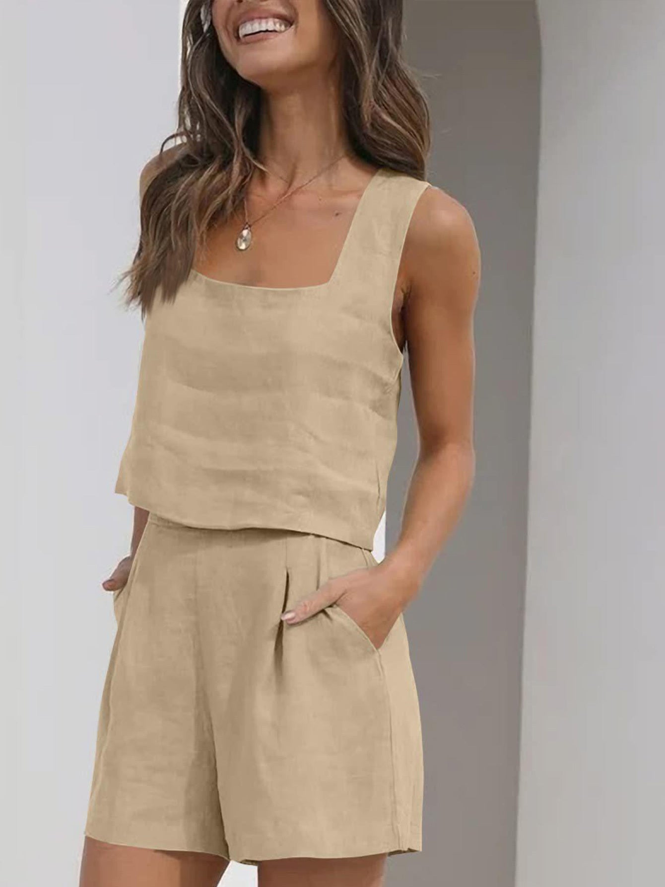 Linen Wide Leg Shorts And Sleeveless Vest Set For Women