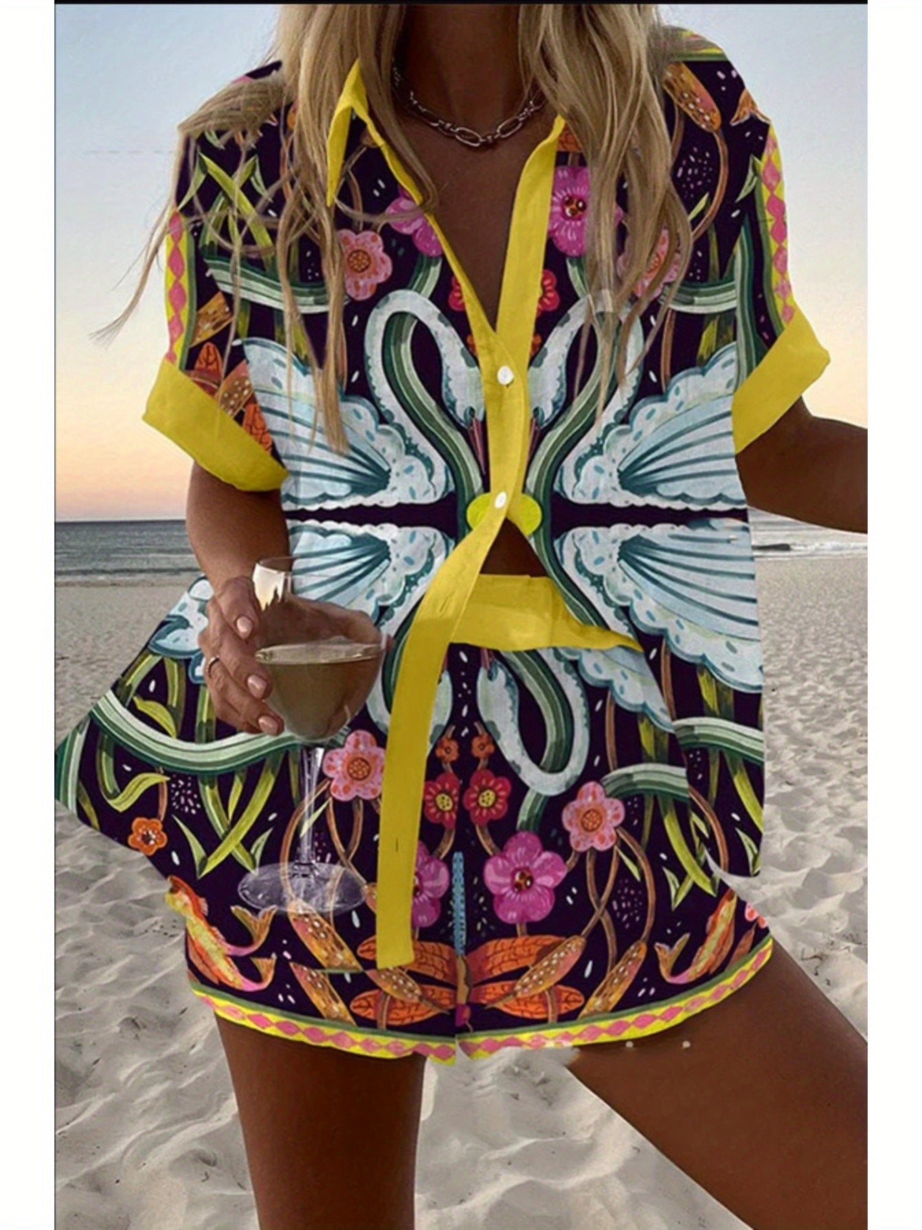 Spring Summer Fashion Women Printed Loose Short Sleeve Set