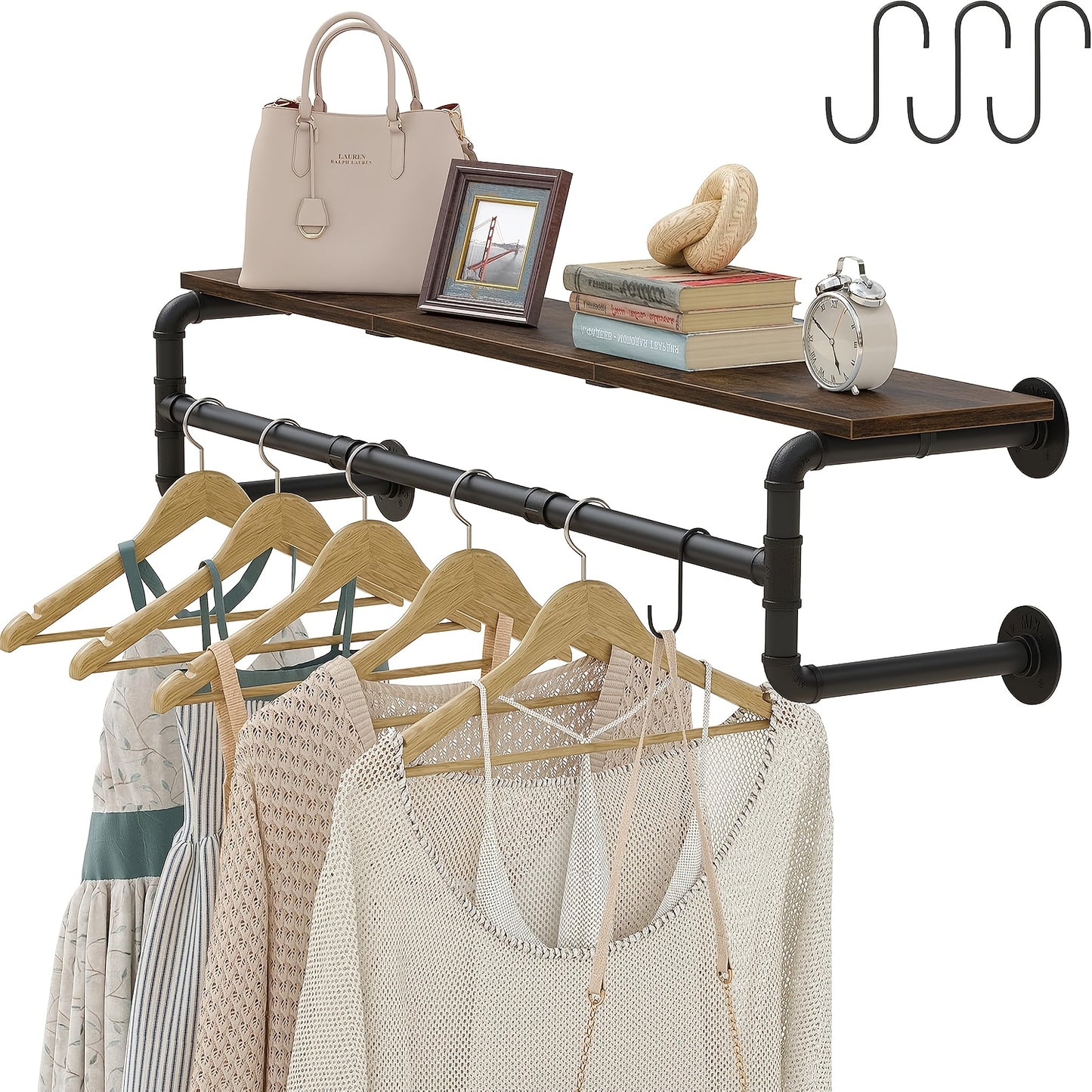 AESOME Industrial Pipe-Style Wall Mounted Clothes Rack With Shelf