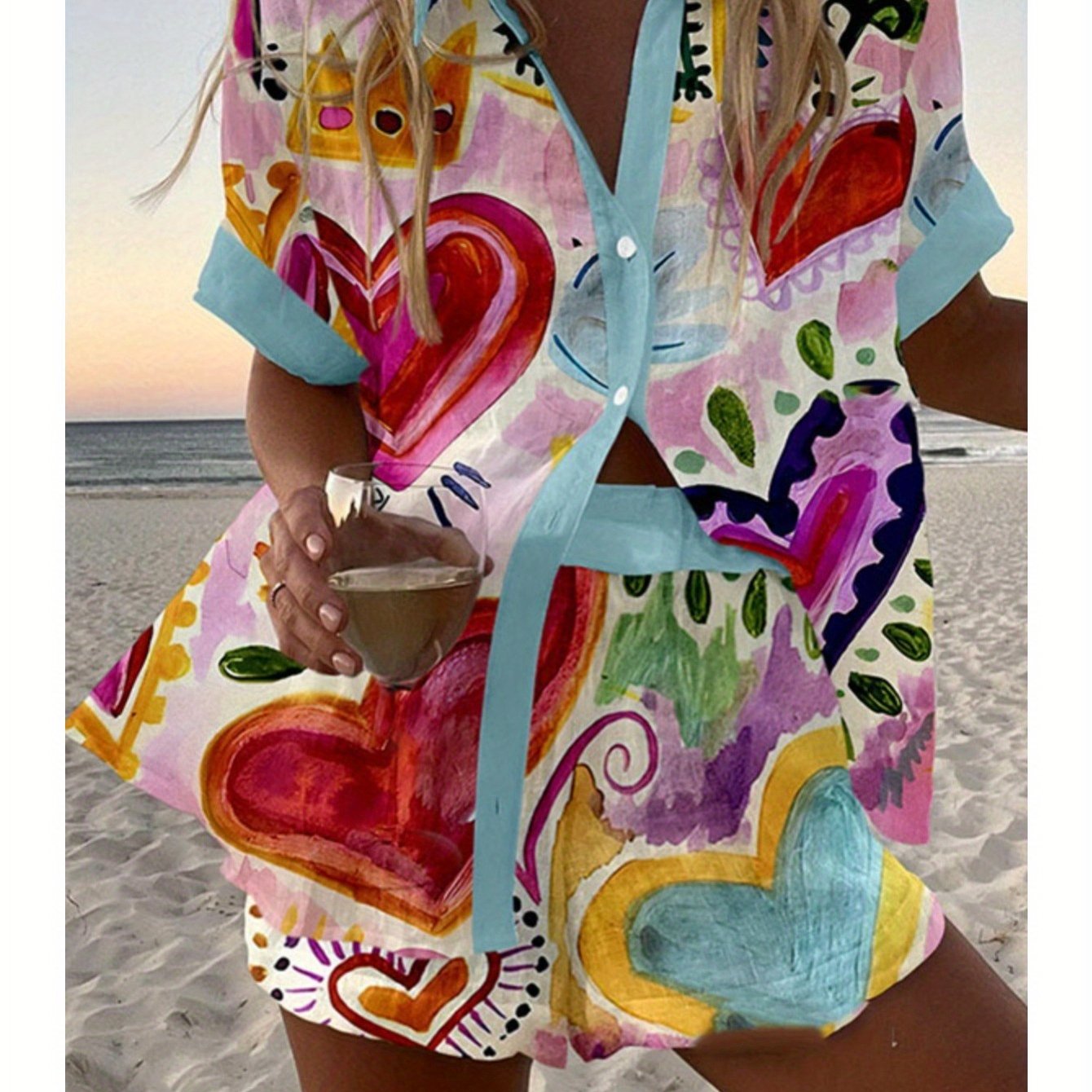 Spring Summer Fashion Women Printed Loose Short Sleeve Set
