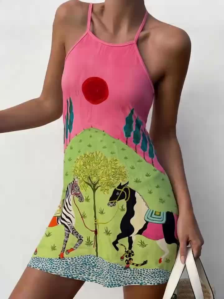 Cute Zebra Dress Halter Neck Lightweight Polyester Womens Summer Zebra Print Dress For Casual Vacations