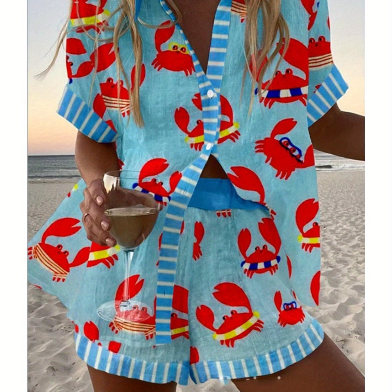 Spring Summer Fashion Women Printed Loose Short Sleeve Set