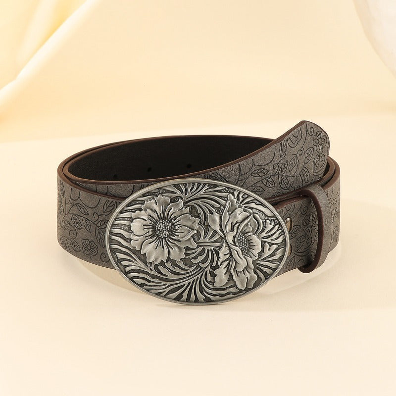 Womens Casual Textured Belt Embossed Floral Buckle