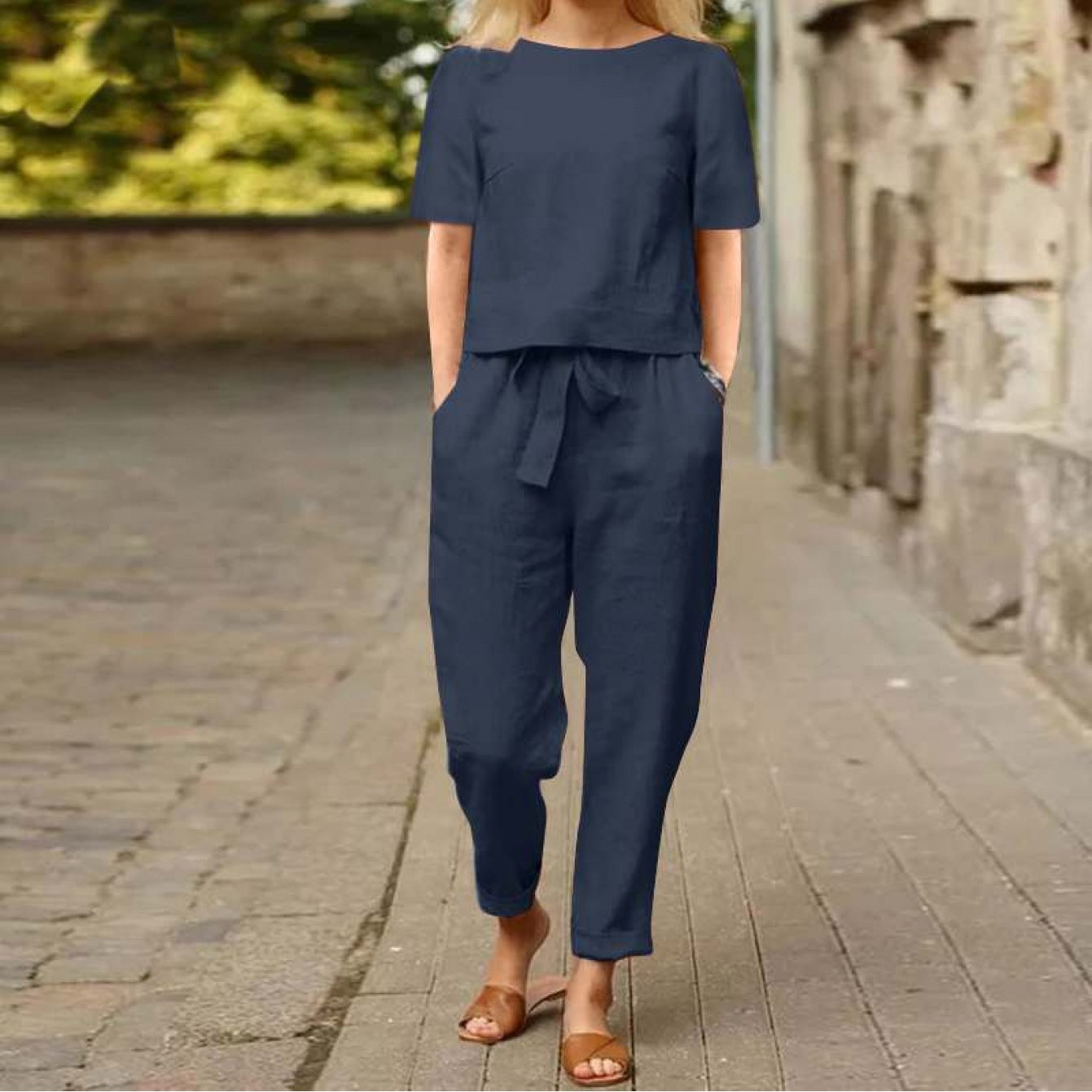 Womens Linen Summer Retro Matching Set With Oversized Blouse