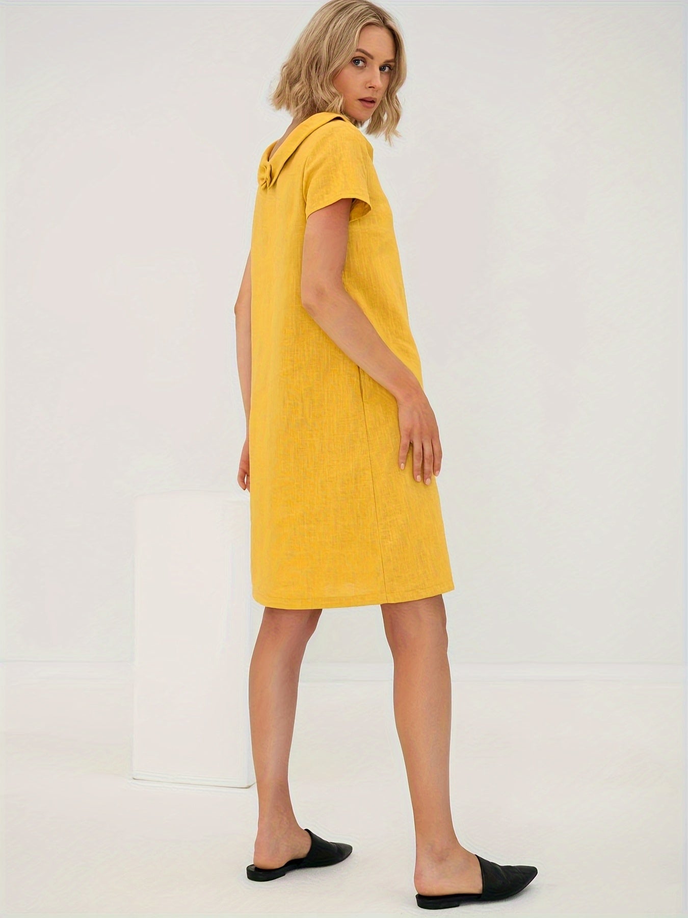Linen Dress With Pockets Slit Collar Everyday Wear Casual