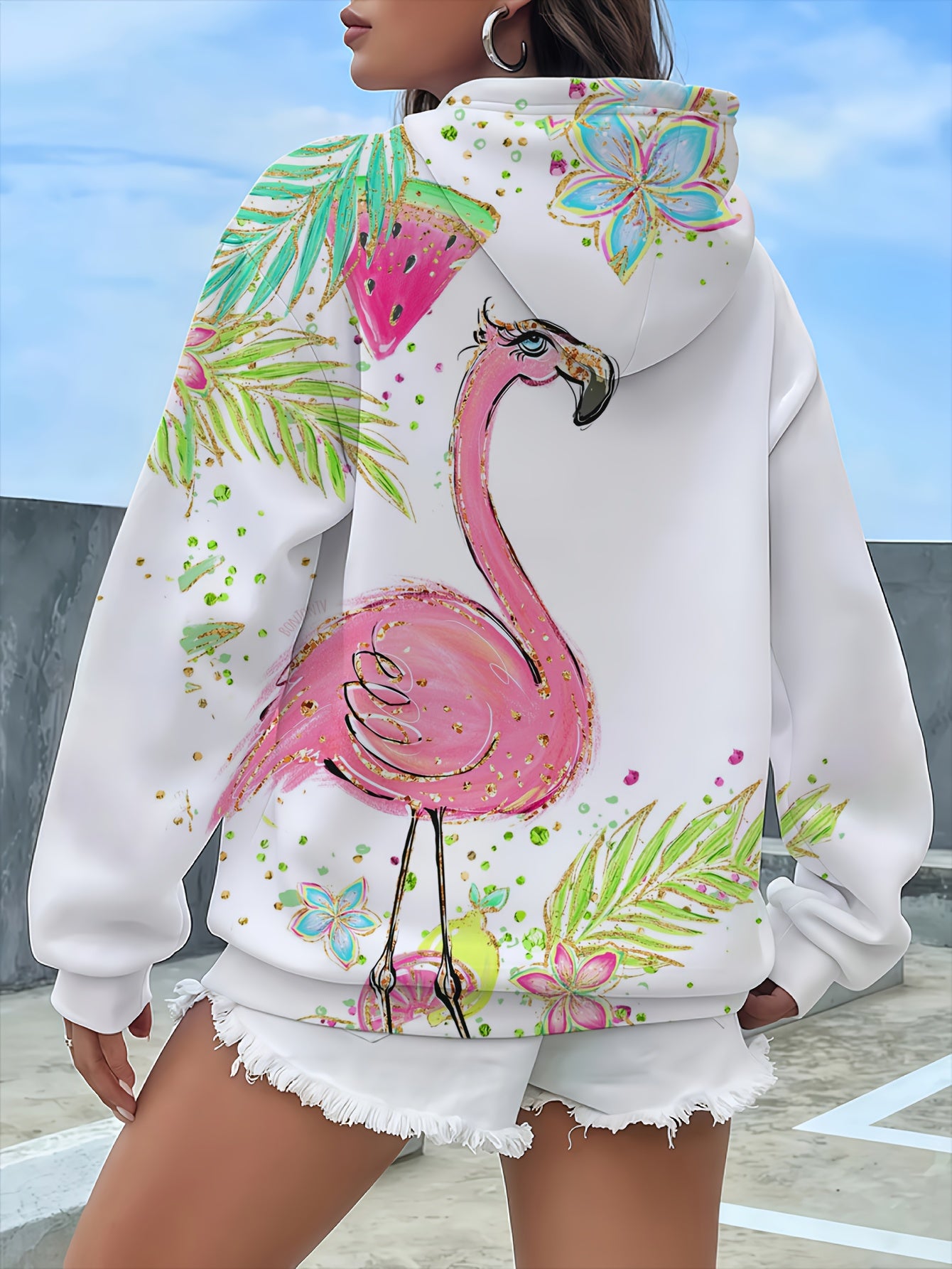 Flamingo Print Hooded Sweatshirt Tropical Glitter Accent