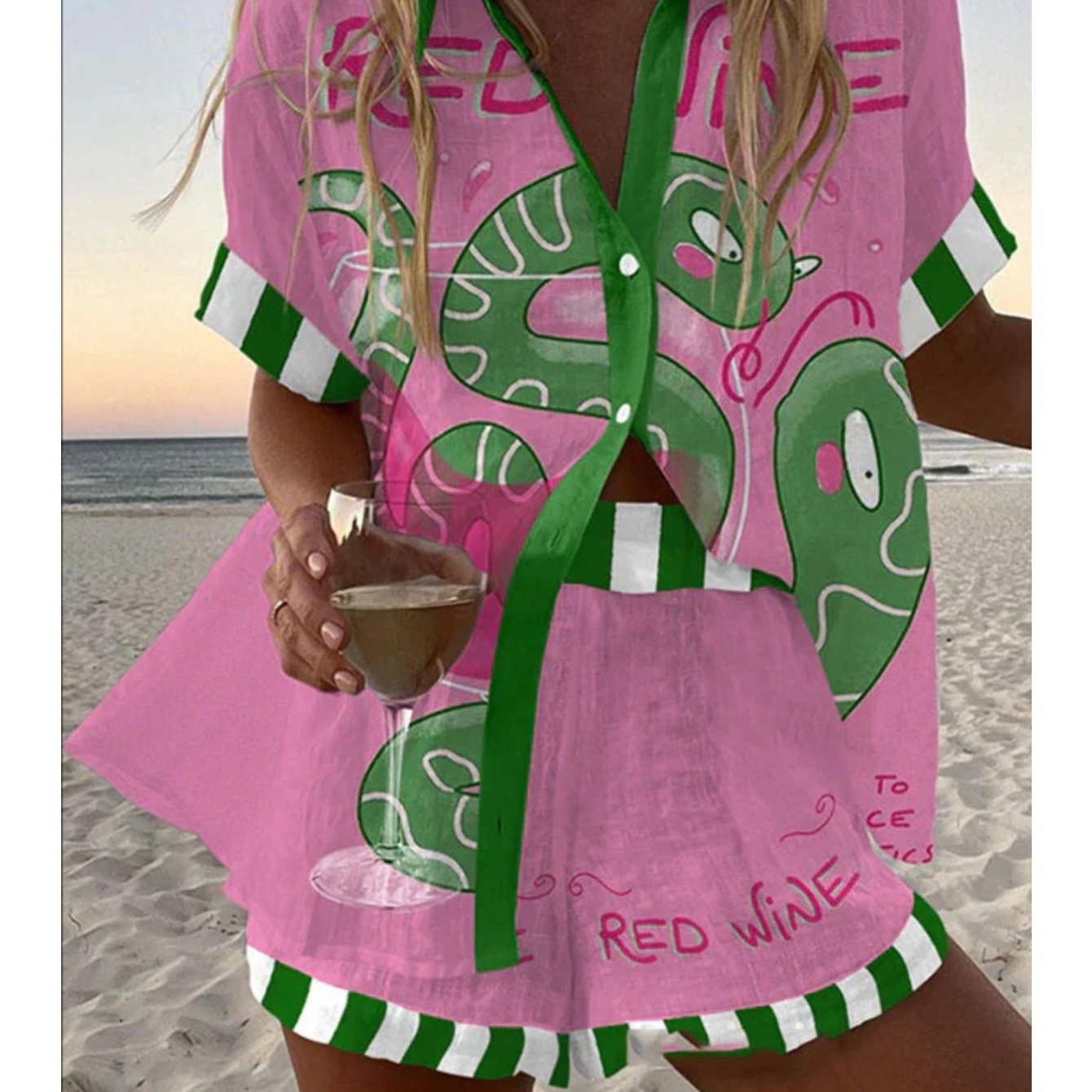 Spring Summer Fashion Women Printed Loose Short Sleeve Set