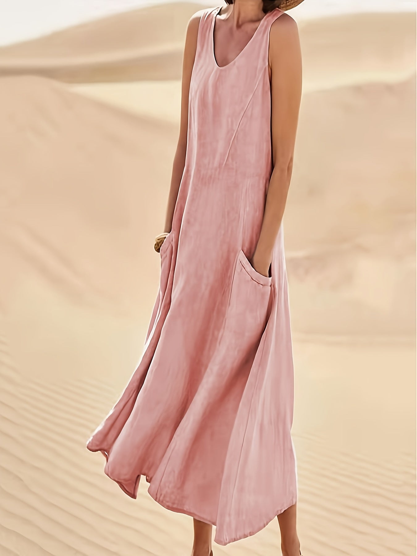 Cotton Linen Summer V Neck Sleeveless Long Dress For Women