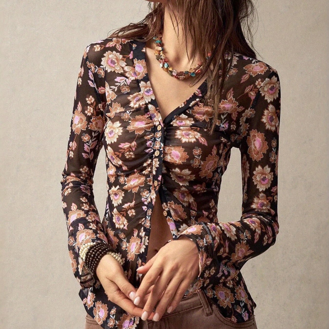 SCACTO Floral Print V Neck Shirt For Everyday Casual Wear
