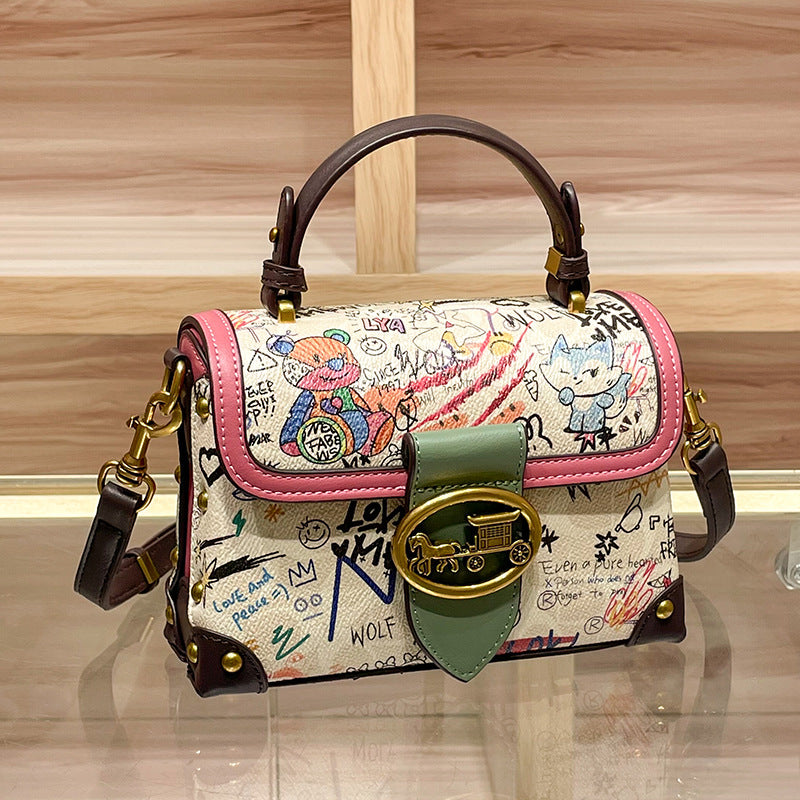 Genuine Leather Graffiti Bear Crossbody Handbag With Zipper