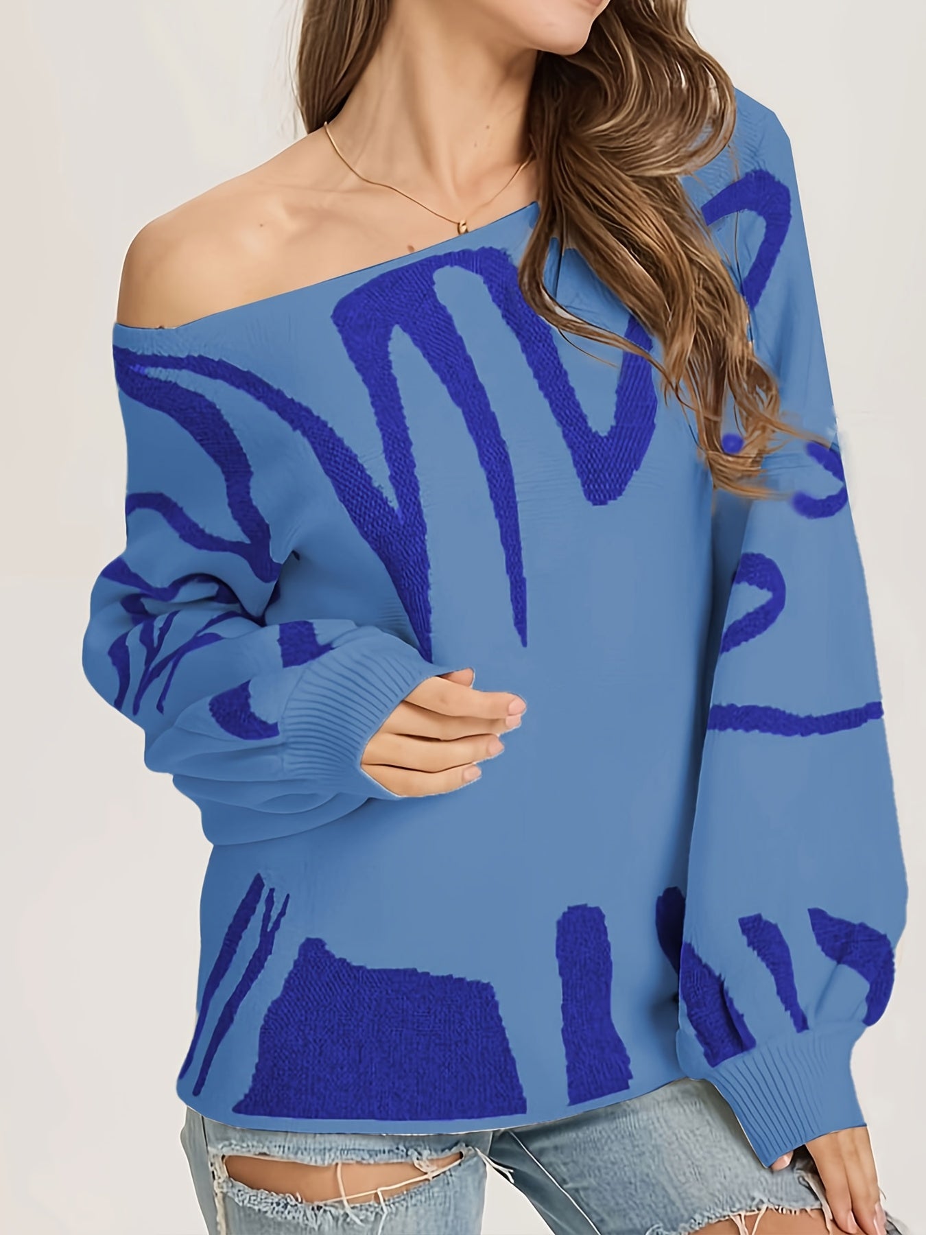 Random Pattern Boat Neck Pullover Sweater Lantern Sleeve