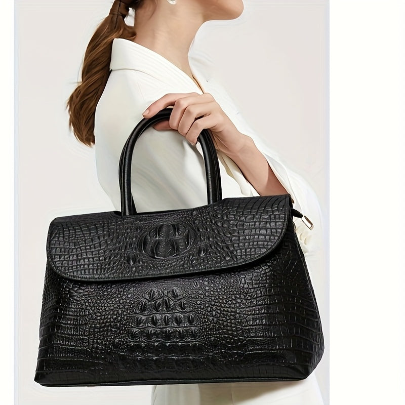 Luxury Crocodile Embossed Leather Handbag Tote With Buckle Closure
