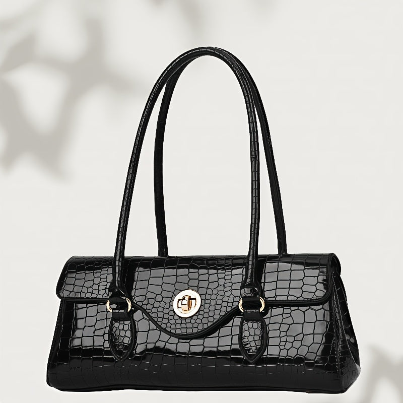 Crocodile Texture Handbag With Gold Tone Turn Lock Convertible Crossbody