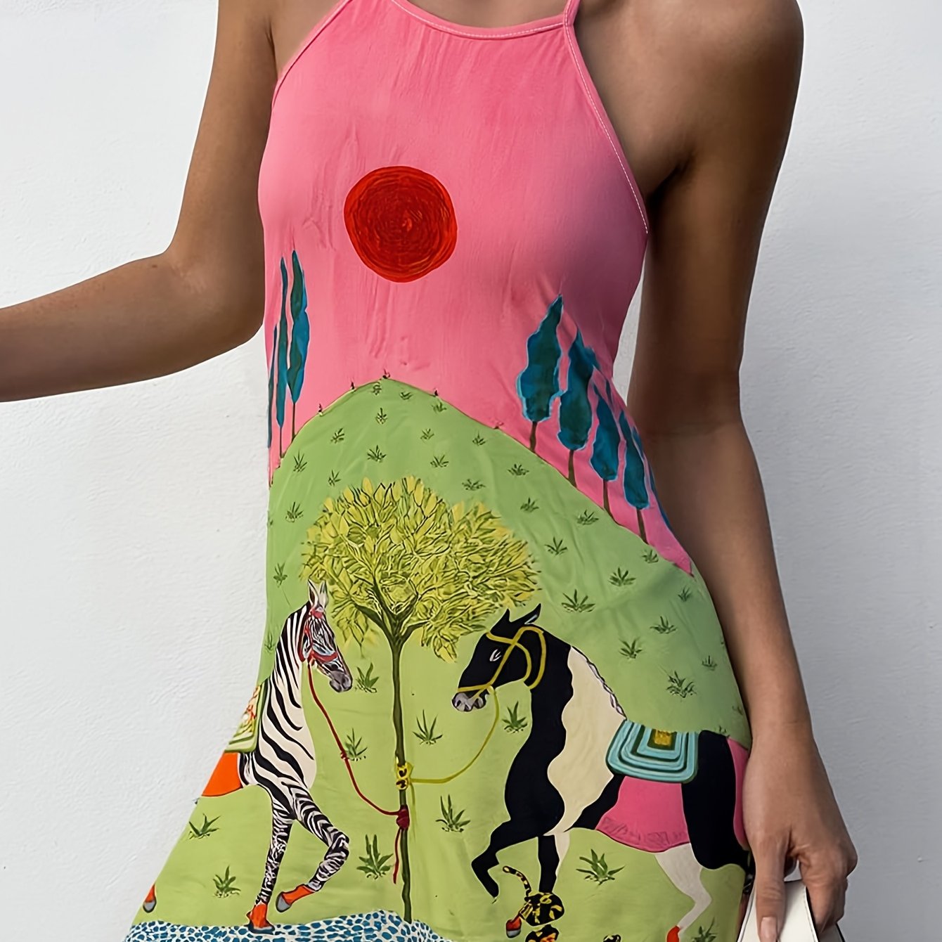 Cute Zebra Dress Halter Neck Lightweight Polyester Womens Summer Zebra Print Dress For Casual Vacations