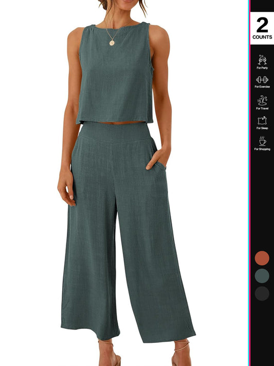 Women Linen Two Piece Jumpsuit Set Beachwear Breathable