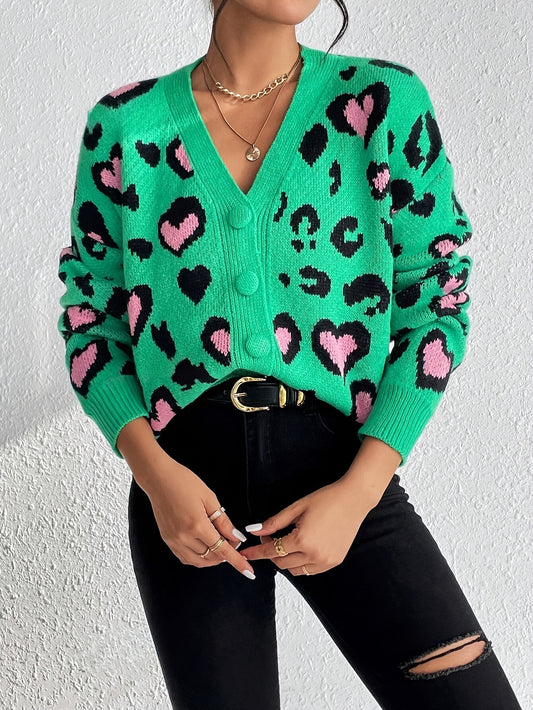 Elegant Leopard Hearts Cardigan Open Front Button Sweater