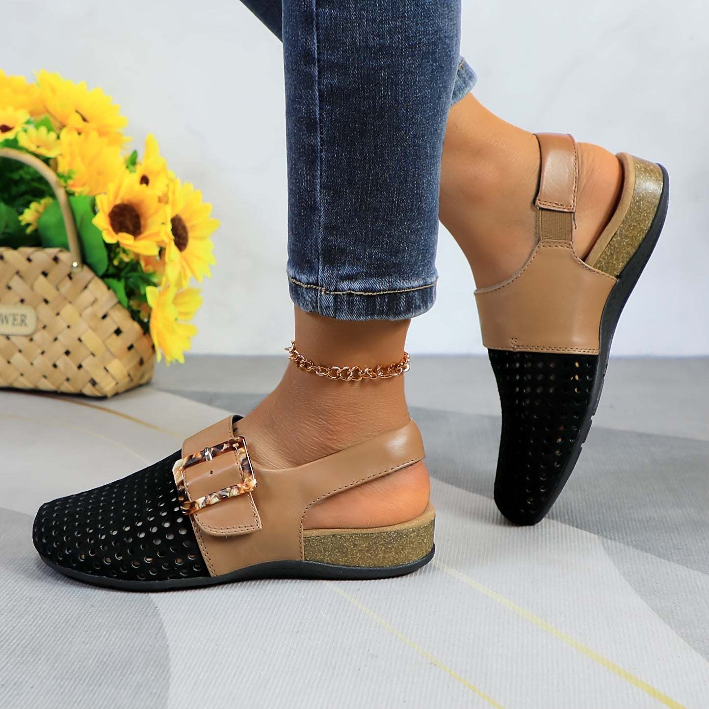 Womens Perforated Genuine Leather Flats With Breathable Slingback