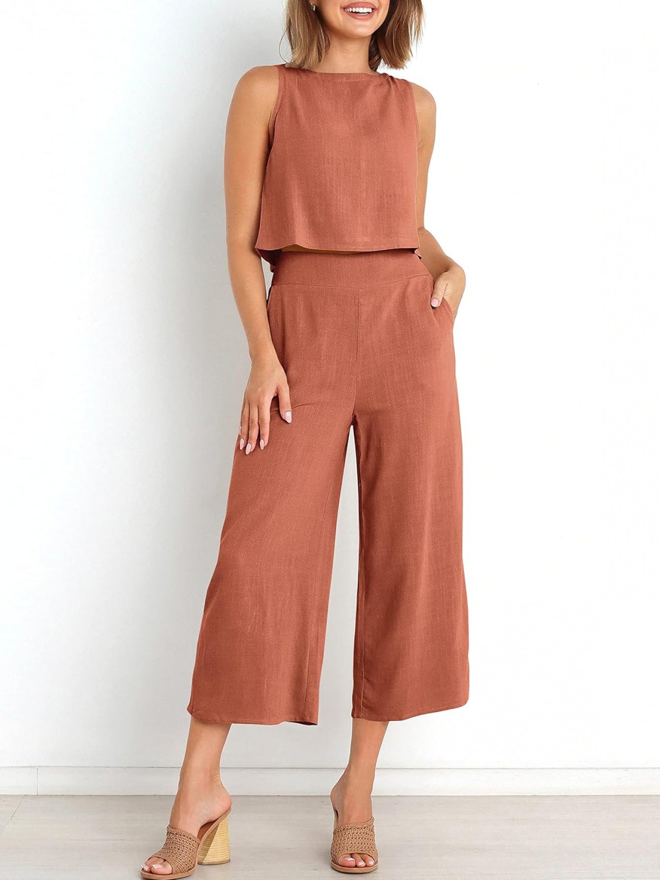 Women Linen Two Piece Jumpsuit Set Beachwear Breathable