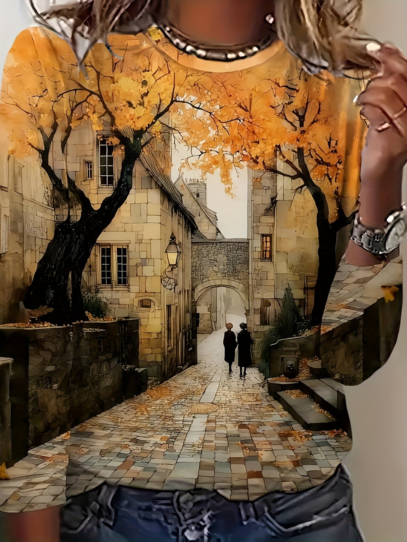 Amsterdam Canal Cobblestone Print Blouse Long Sleeve Casual Round Neck