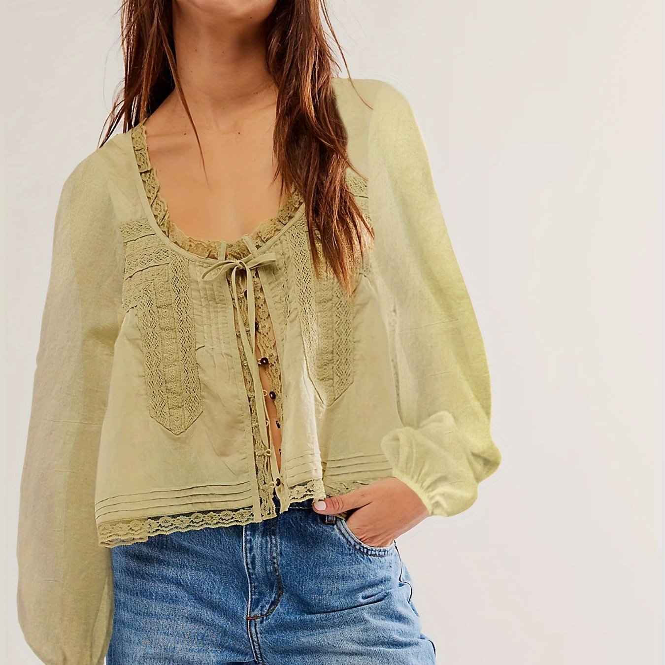 Cotton V Neck Lace Blouse With Braided Detail And Cutout Long Sleeve