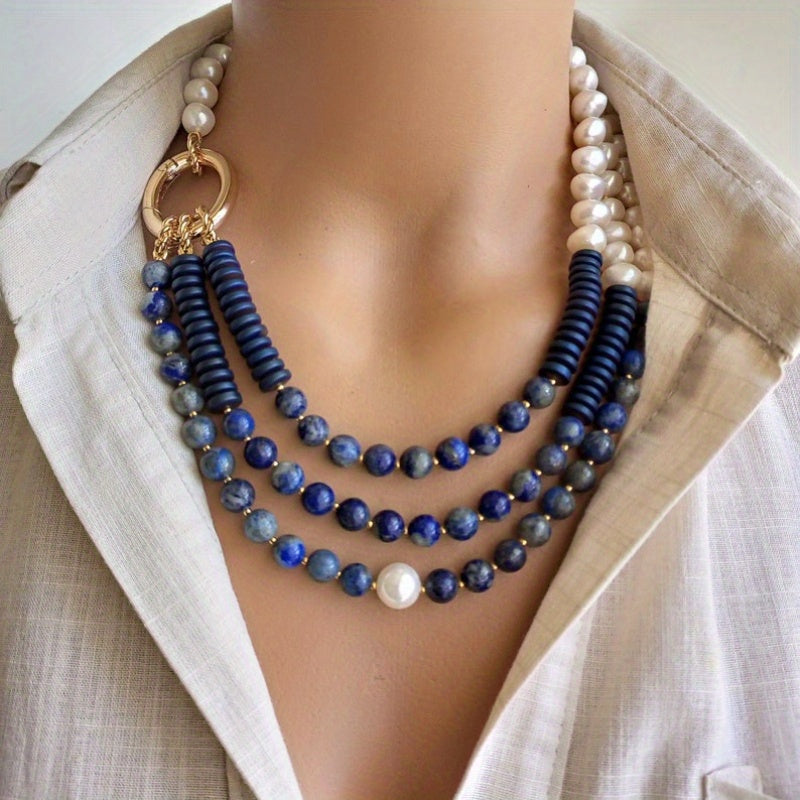 Elegant Freshwater Pearl And Lapis Beaded Necklace Women