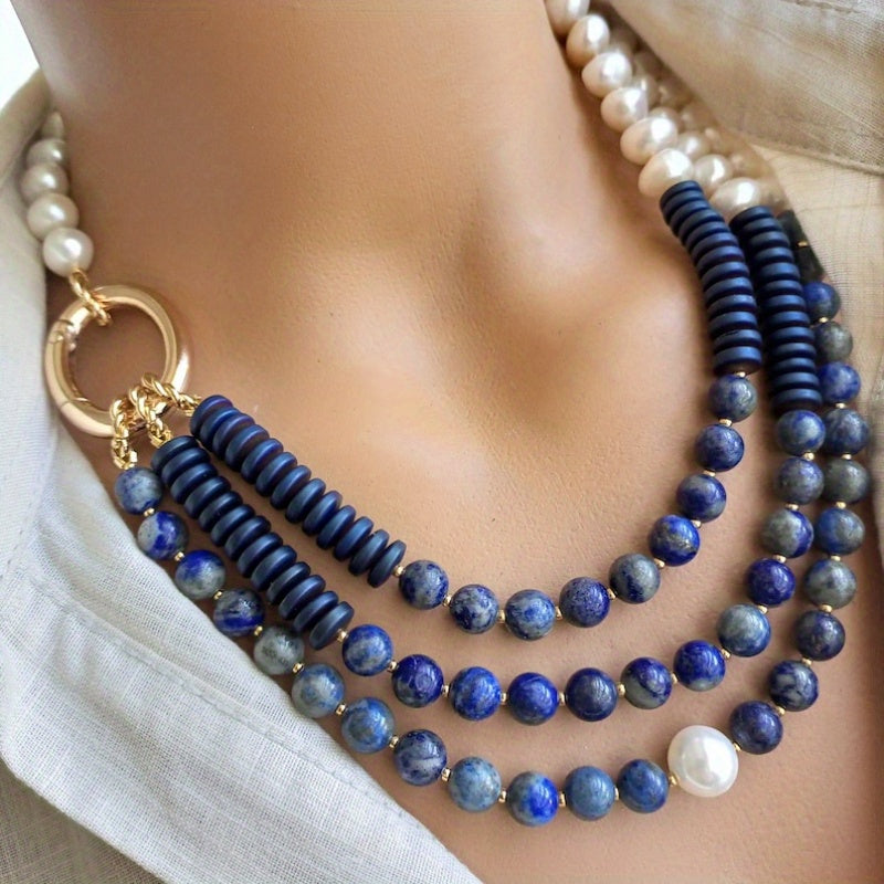 Elegant Freshwater Pearl And Lapis Beaded Necklace Women