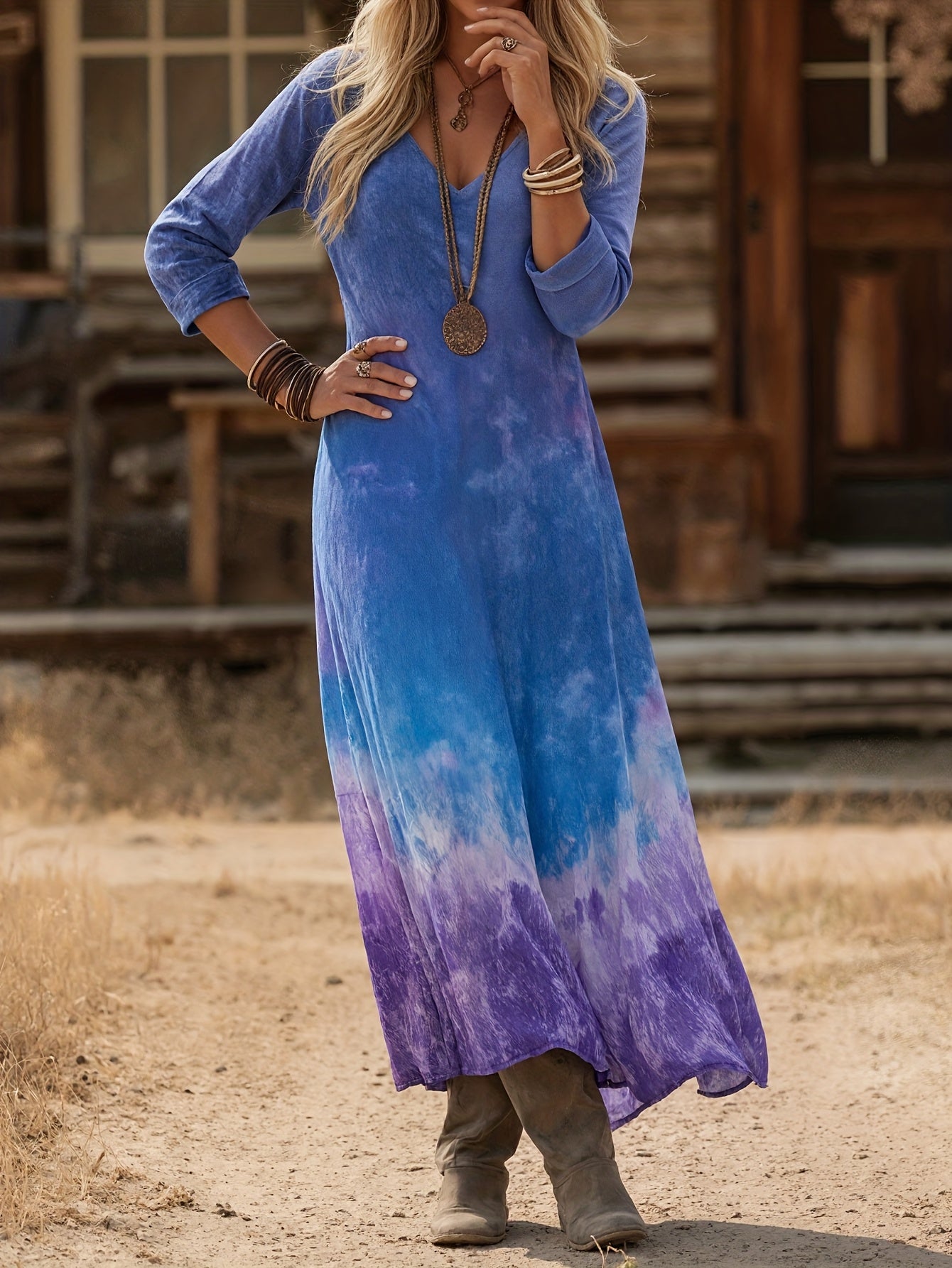 Ombre Gradient V Neck Maxi Dress With Long Sleeves