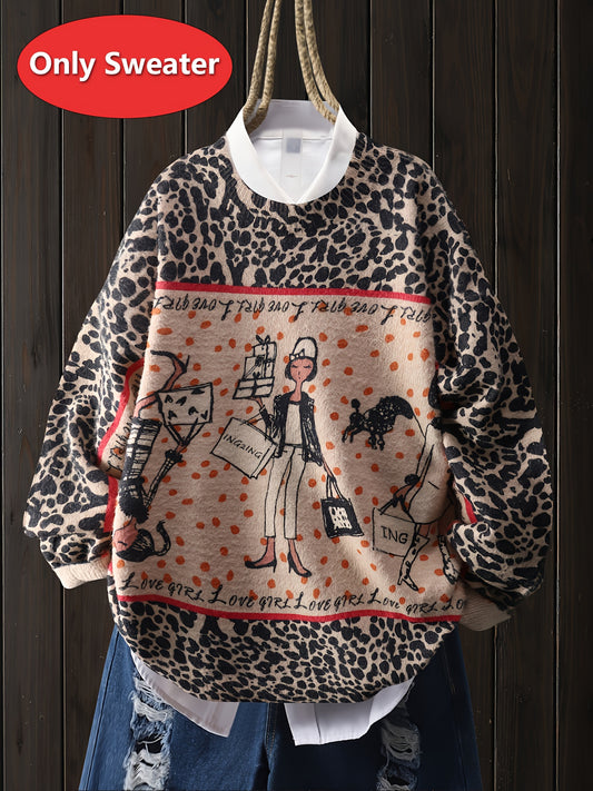 Floral Leopard Print Pullover Long Sleeve Round Neck Womens Top