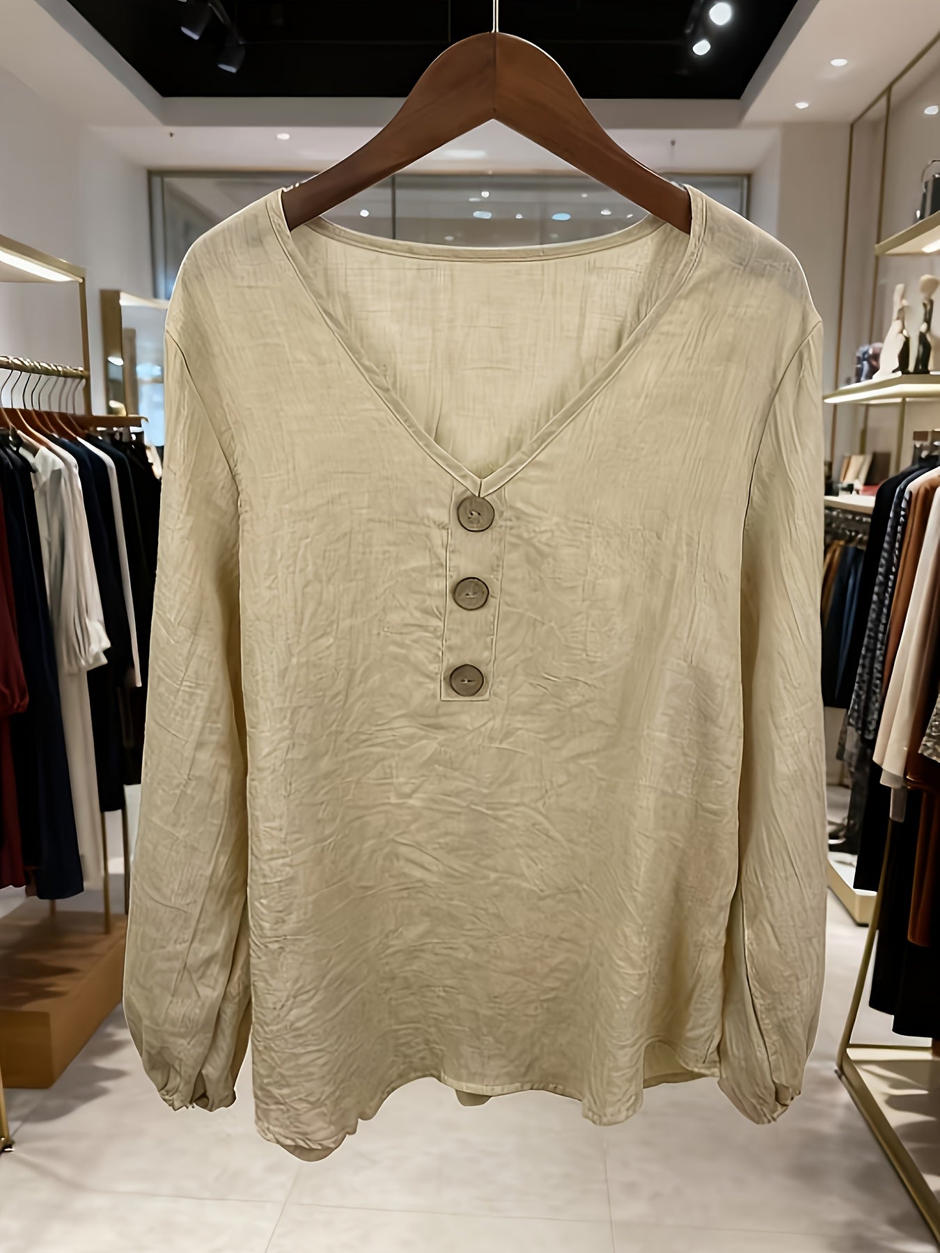 Linen Long Sleeve Vneck Top For Women Button Front Blouse