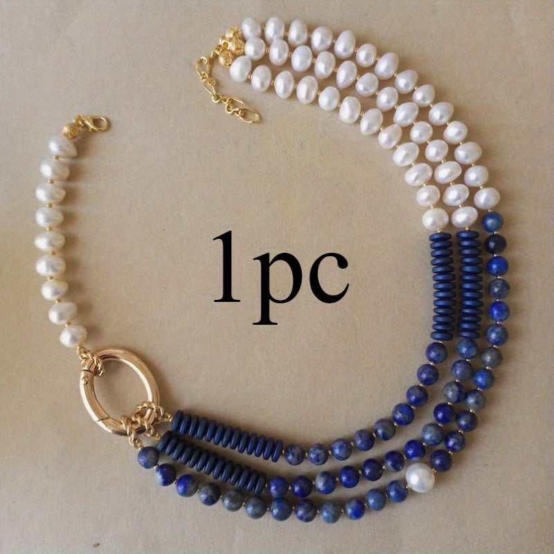 Elegant Freshwater Pearl And Lapis Beaded Necklace Women