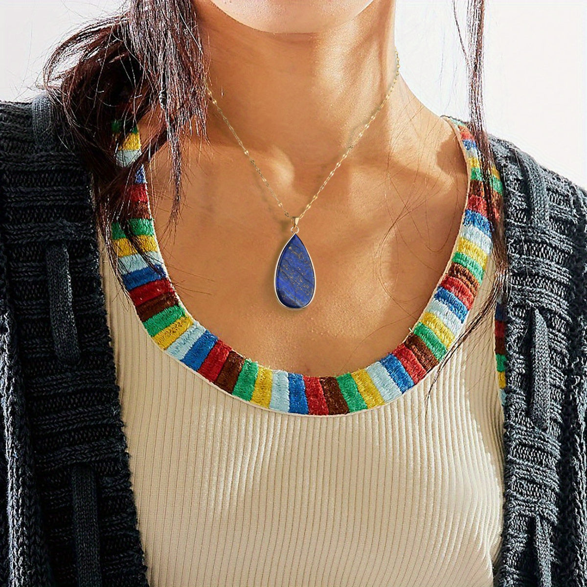 Bohemian Vintage Lapis Lazuli Water Drop Pendant Necklace