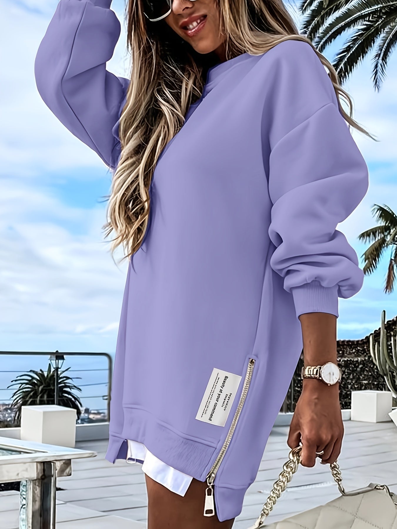 Chicme Zipper Embellished Crew Neck Sweatdress Polyester Blend Modern Casual Women Dress