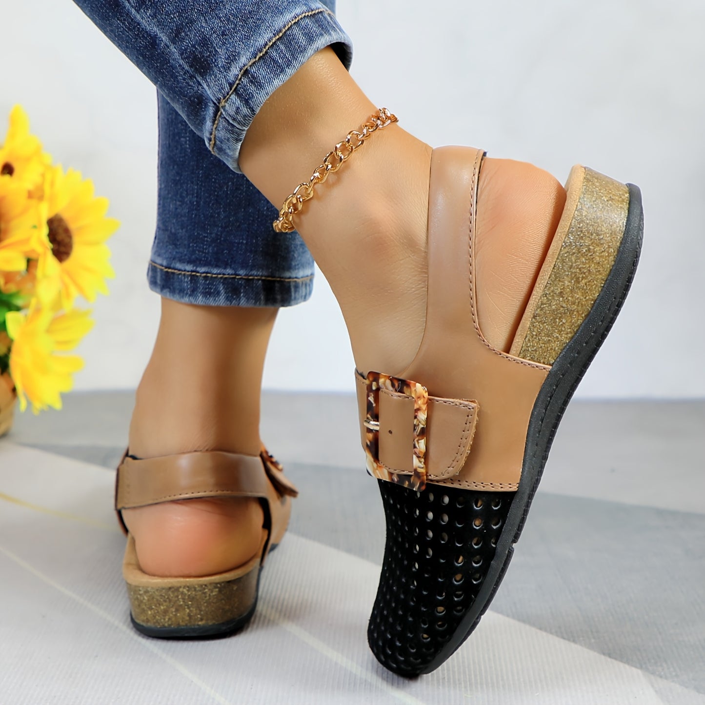 Womens Perforated Genuine Leather Flats With Breathable Slingback