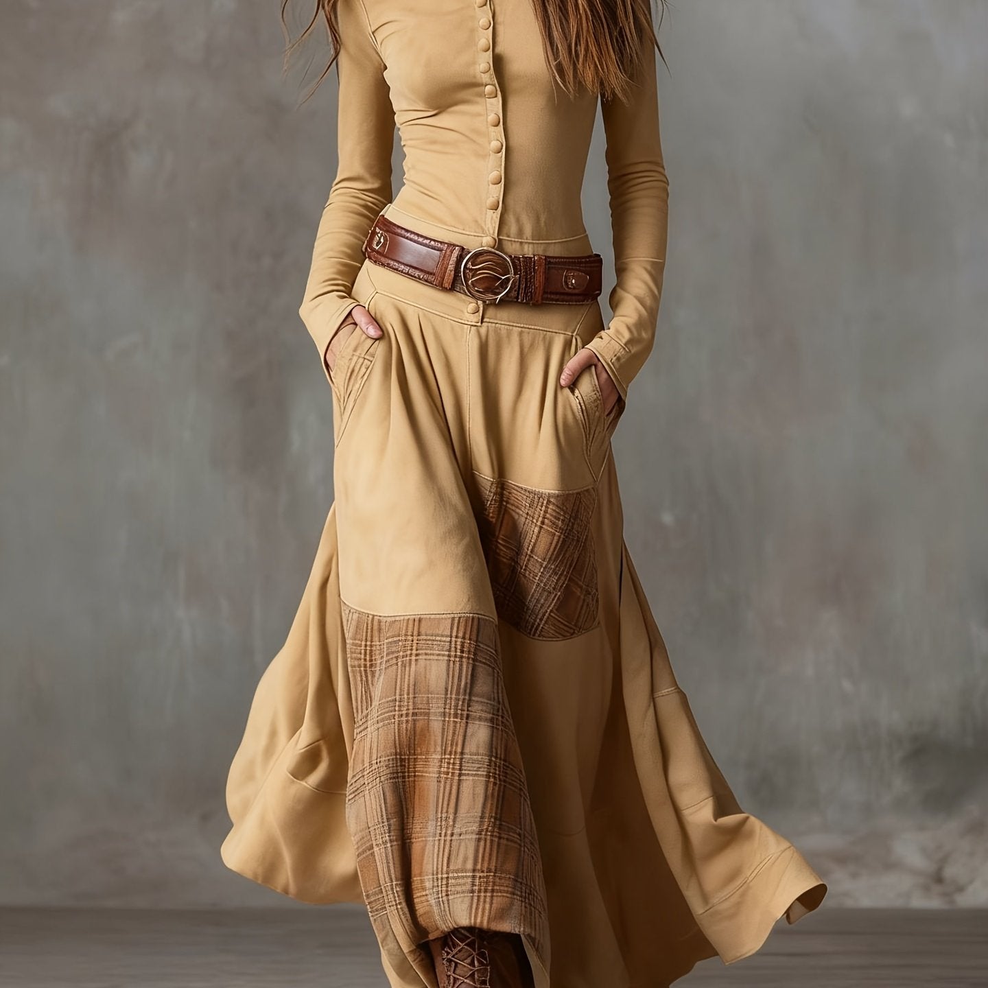 ZAFUL Autumn Vintage Plaid Patchwork Dress With Pockets And Buttons