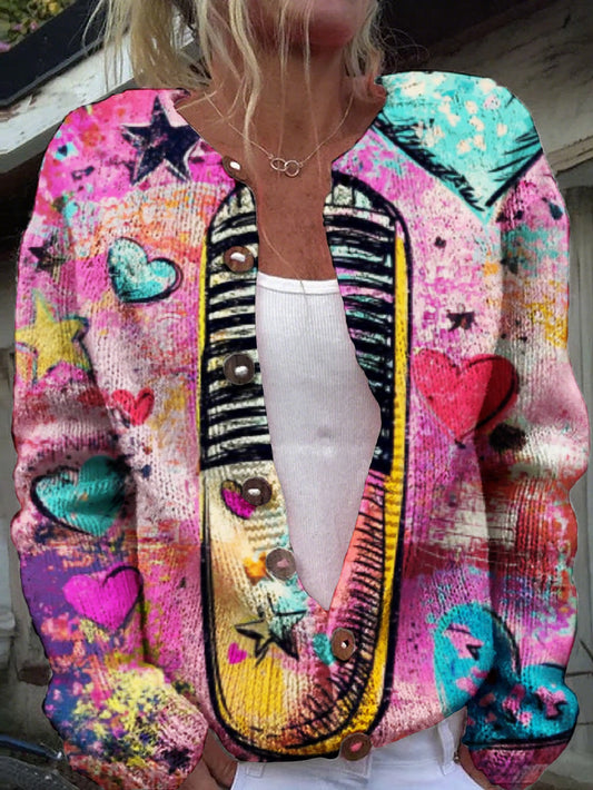 Patchwork Cardigan With Heart And Star Patterns Knitwear