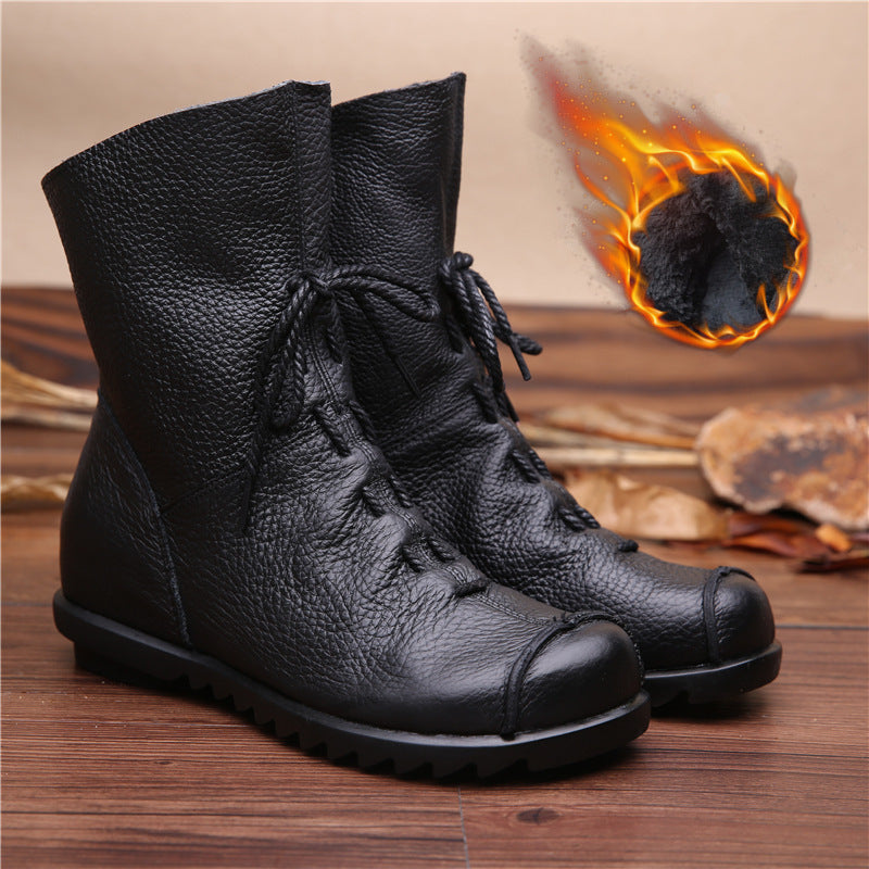 Women Genuine Leather Chunky Platform Ankle Boots Retro Lace Up Round Toe Western Style All Season Rubber Sole Zipper