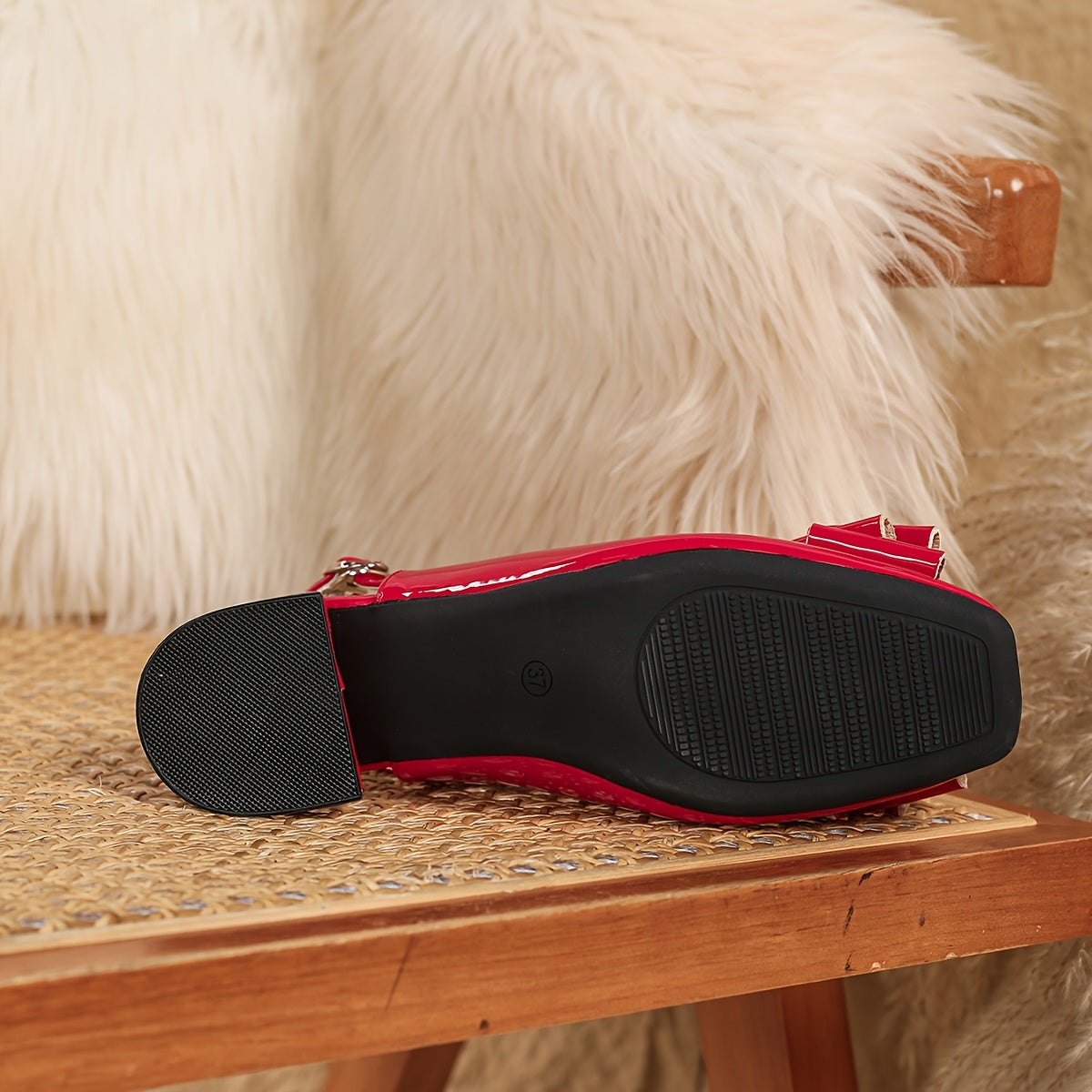 Glossy Square Toe Sandals With Bow Detail And Block Heel