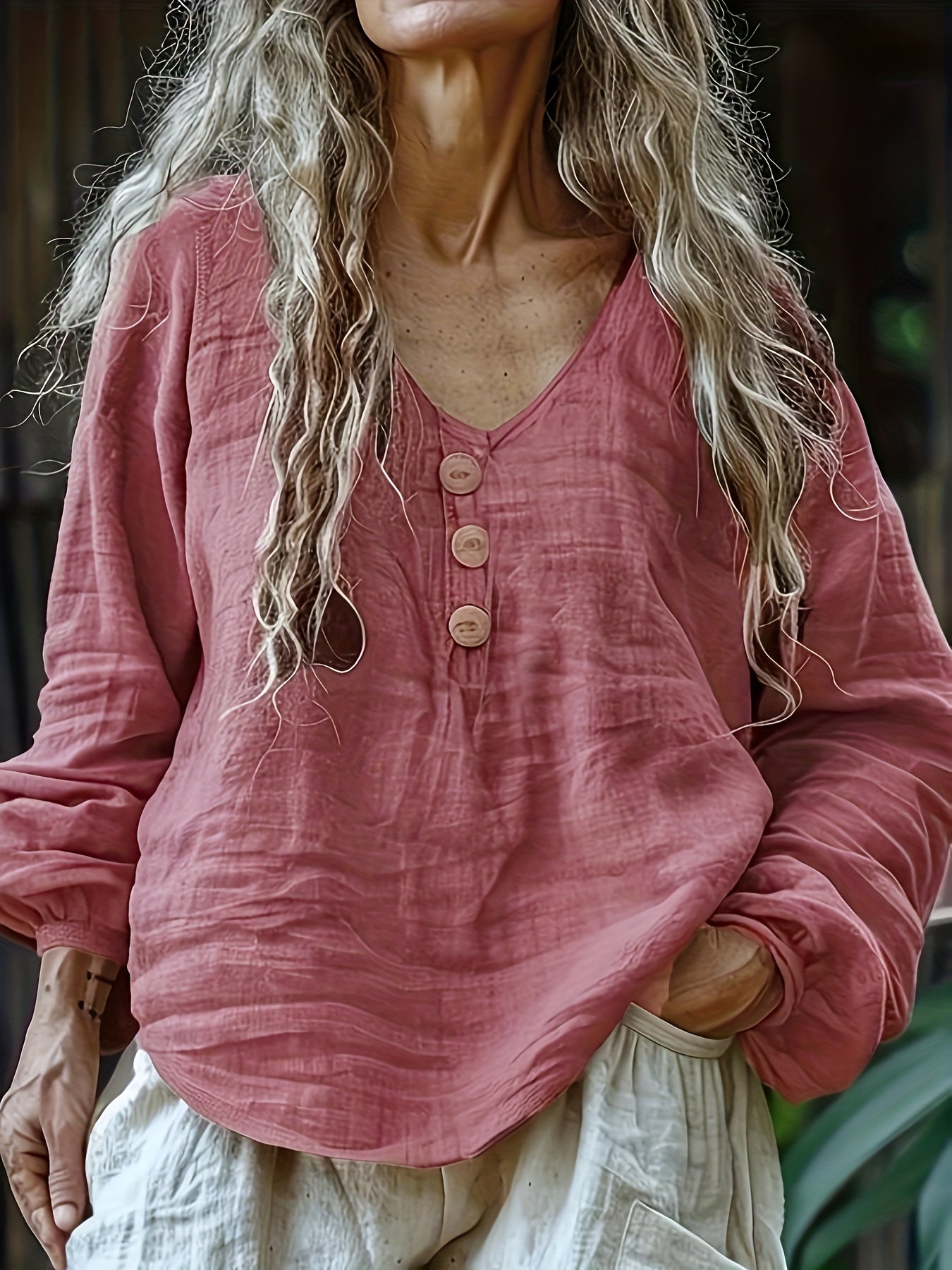 Linen Long Sleeve Vneck Top For Women Button Front Blouse