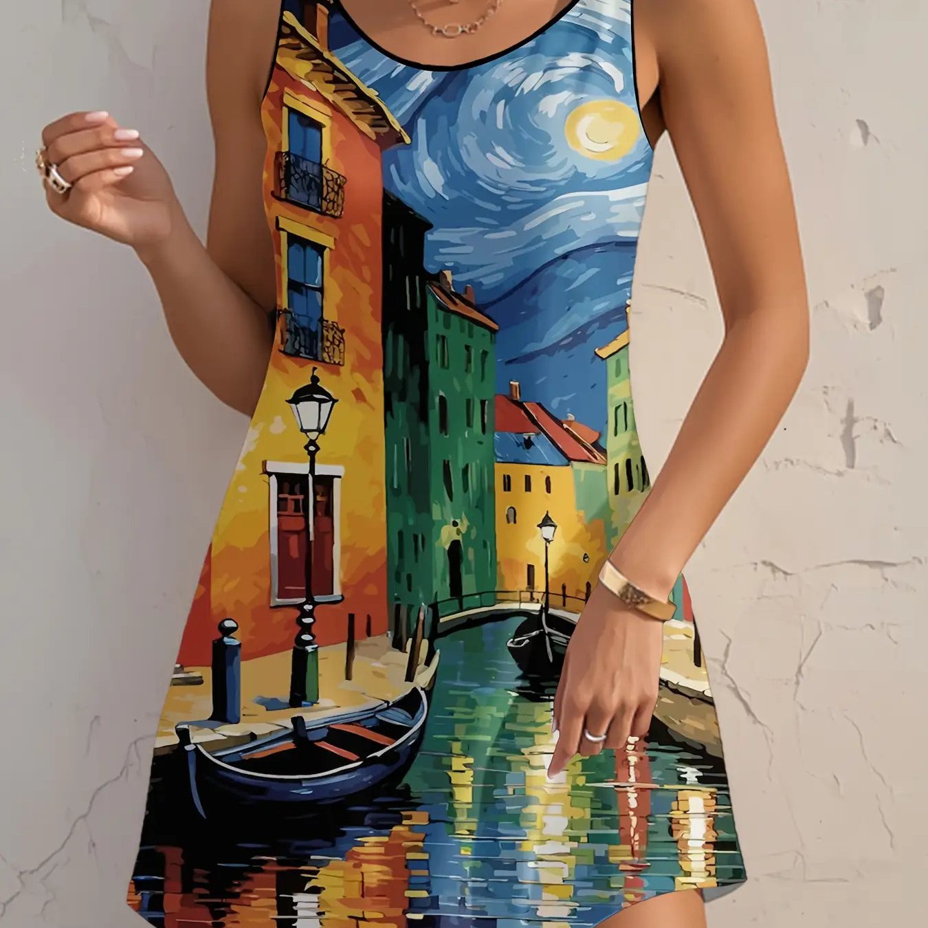 Van Gogh Starry Night Print Dress Women A Line Knee Length Strapless