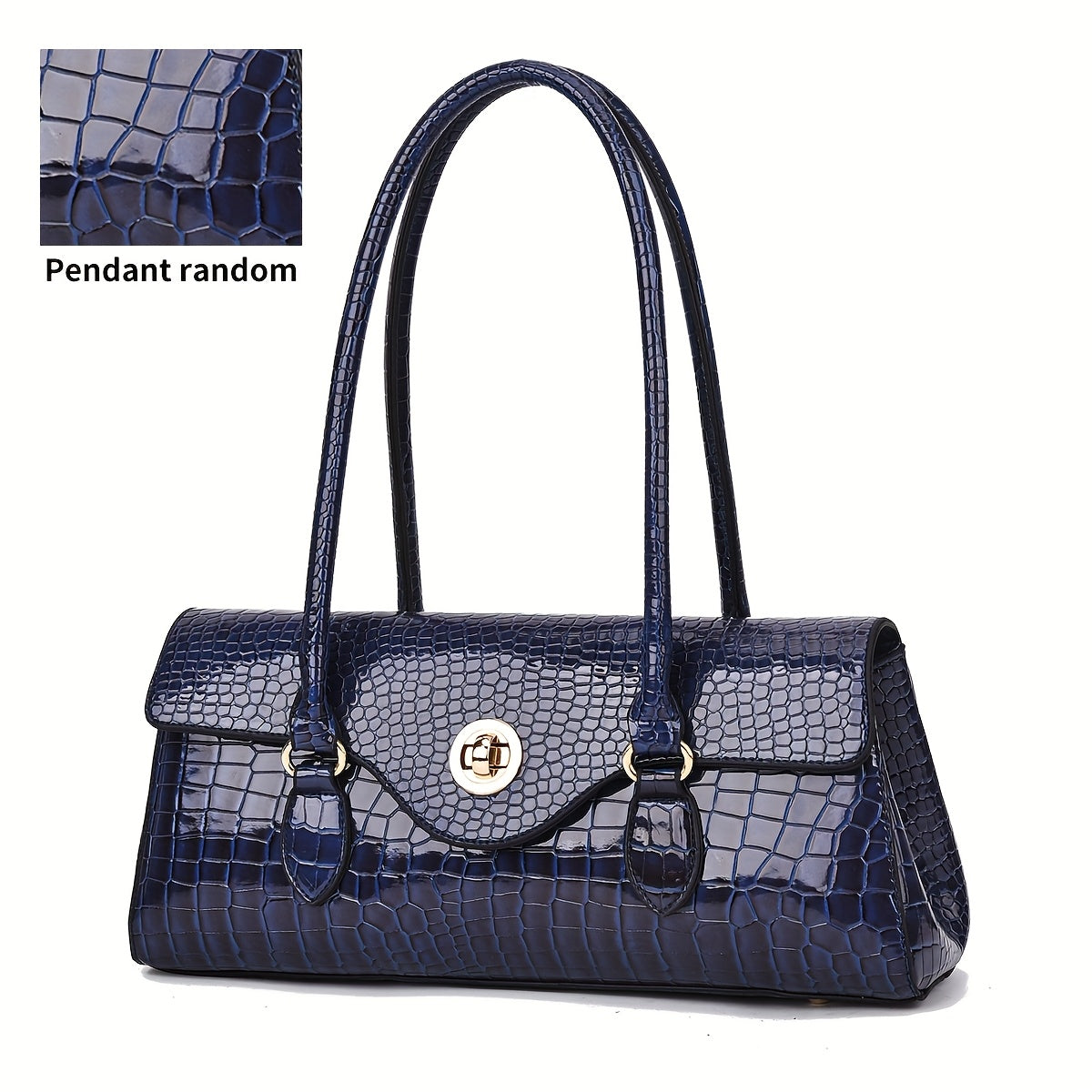 Crocodile Texture Handbag With Gold Tone Turn Lock Convertible Crossbody