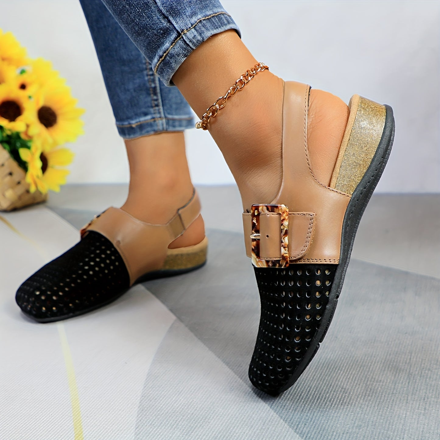 Womens Perforated Genuine Leather Flats With Breathable Slingback