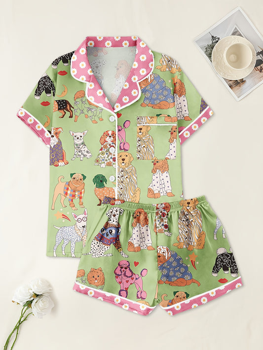 Womens Dog Print Pajama Set Satin Blend With Pocket Shorts