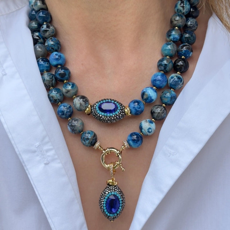 Boho Natural Stone Necklace With Golden Copper Beads Oval Pendant