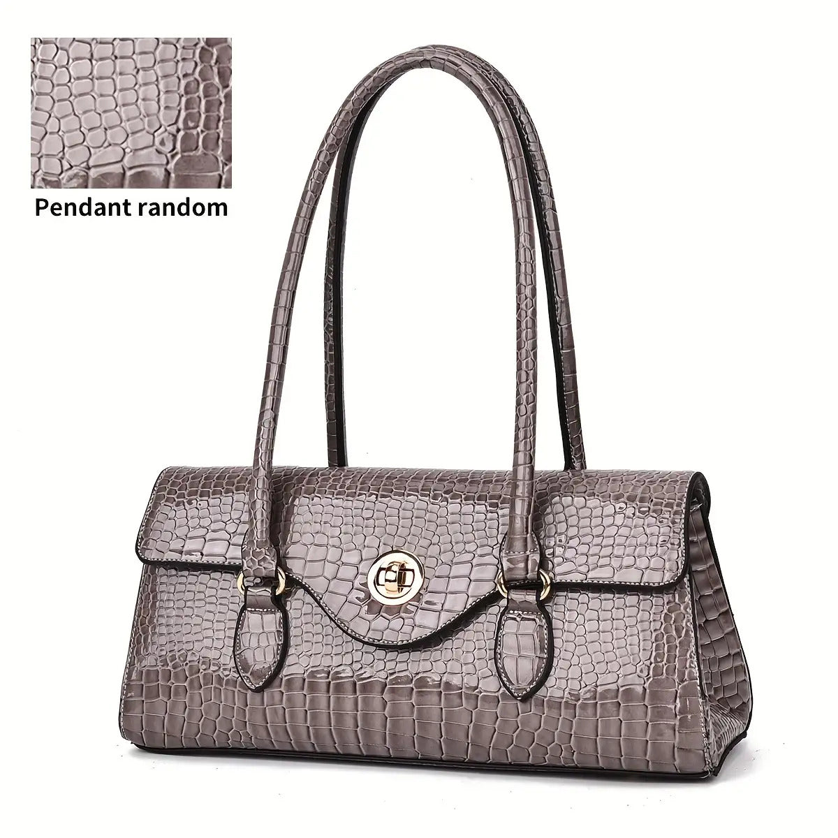 Crocodile Texture Handbag With Gold Tone Turn Lock Convertible Crossbody