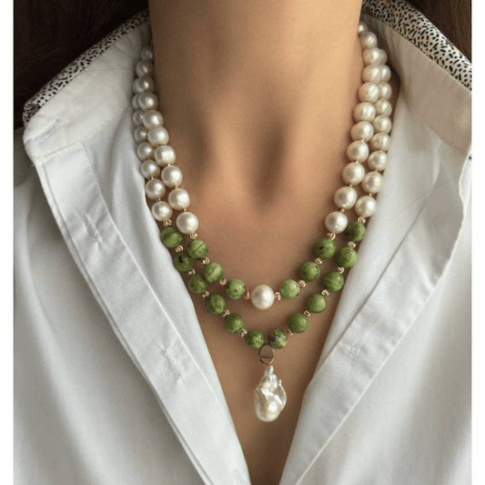 Neulry Layered Necklace Freshwater Pearls Stone Beads