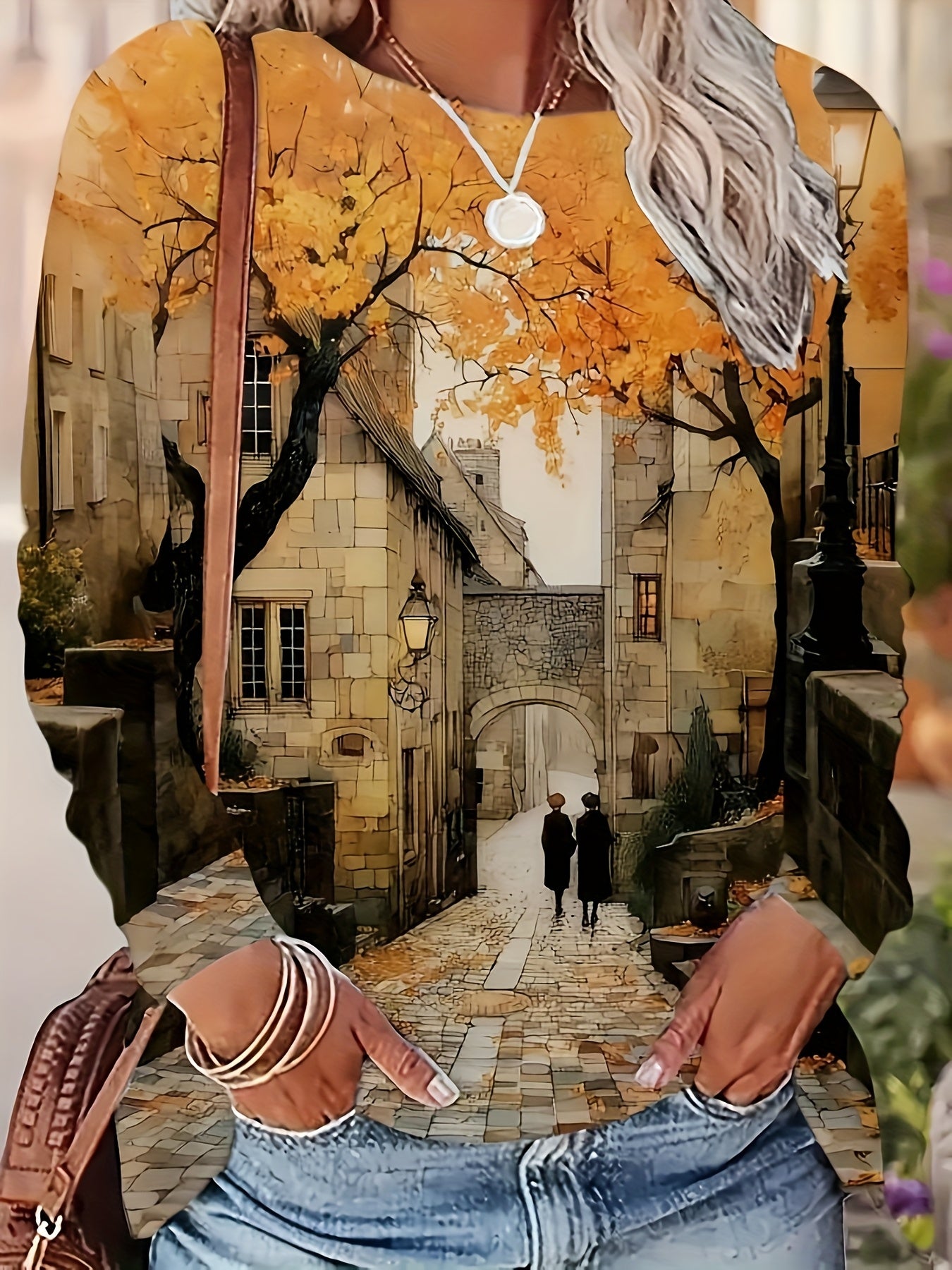 Amsterdam Canal Cobblestone Print Blouse Long Sleeve Casual Round Neck