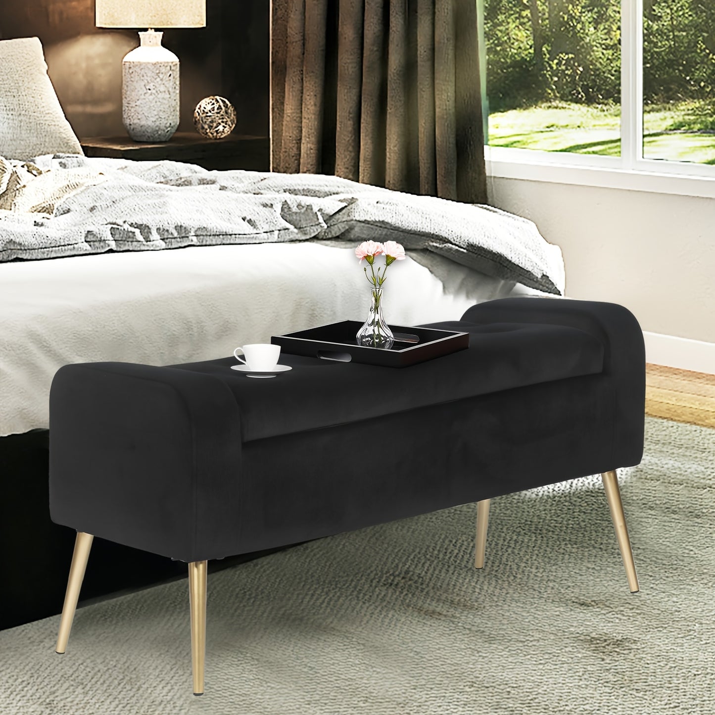 Contemporary Tufted Upholstered Ottoman Bench Featuring Generous Underseat Storage