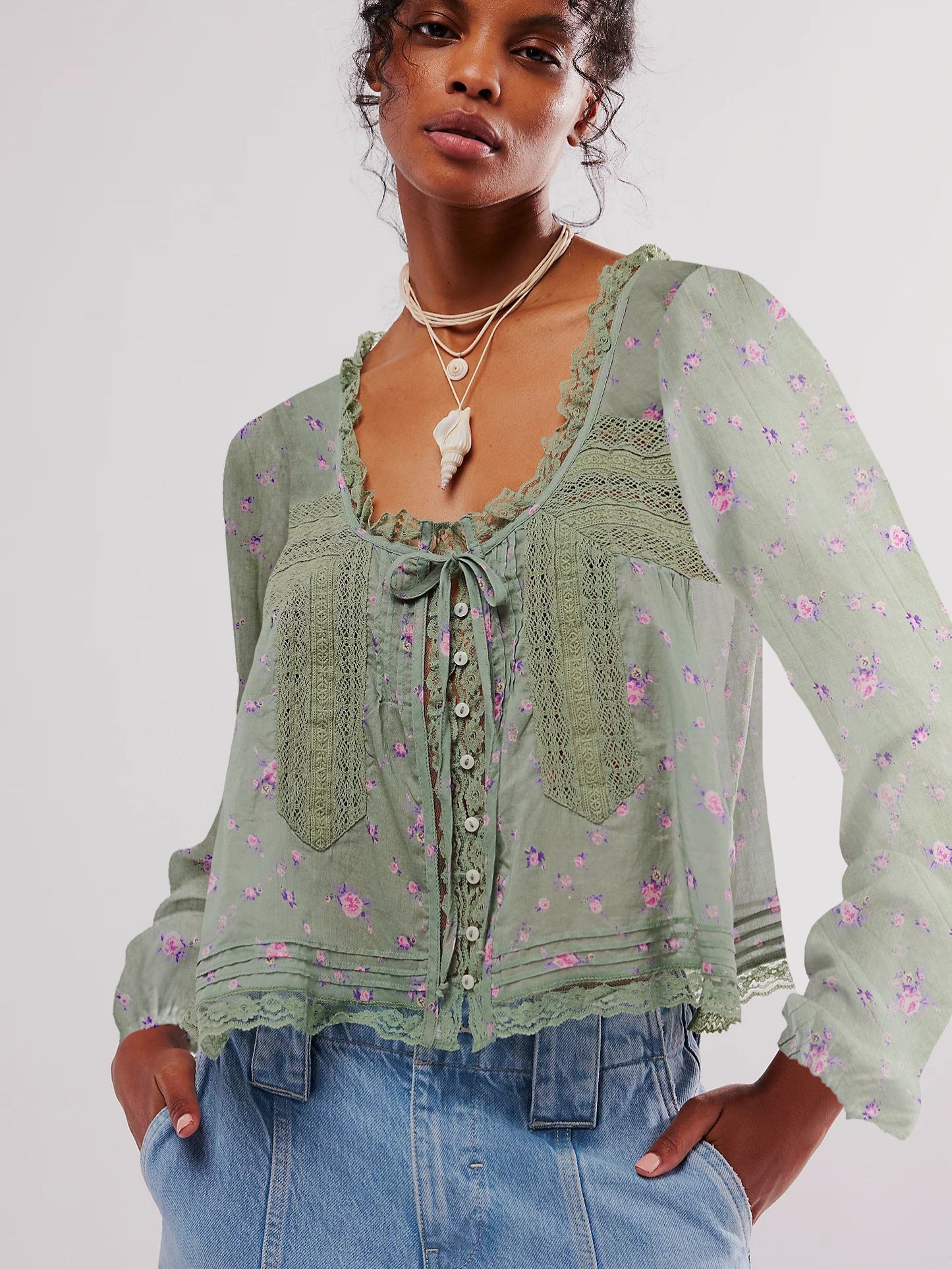 Cotton V Neck Lace Blouse With Braided Detail And Cutout Long Sleeve